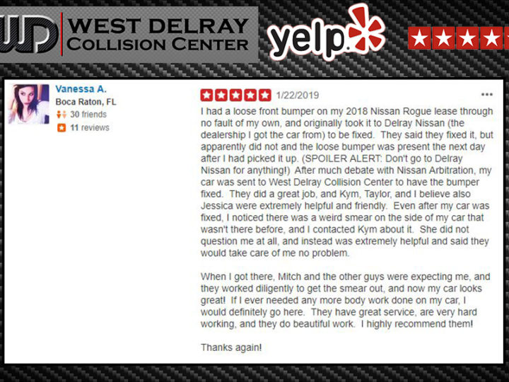 YELP 5 Star Review by Vannessa A. | West Delray Collision Center