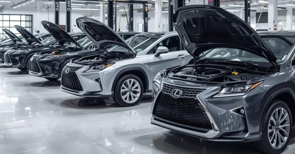 A view of multiple Lexus vehicles lined up in a certified auto body shop, showing an efficient and organized repair workflow.